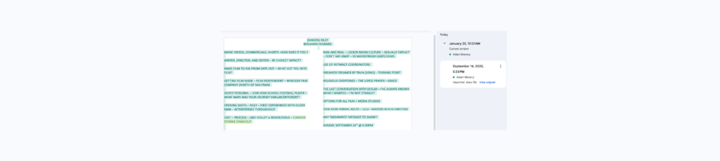 Interview Notes on RILEY | September, 2023, noting Connor Storrie as "STANDOUT"