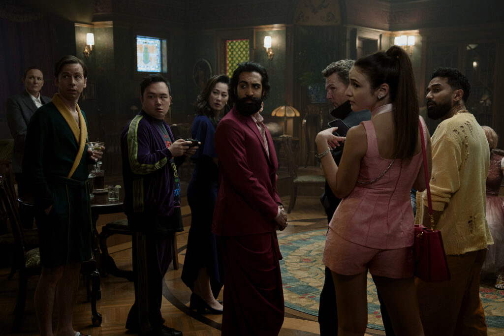 From L to R: Kara Wooten, Daniel Beirne, Antony Hall, Olivia Cheng, Nadeem Umar-Khitab, Shawn Hatosy, Maša Lizdek, and Varun Saranga in READY OR NOT 2: HERE I COME. Photo by Searchlight Pictures/Pief Weyman, Courtesy of Searchlight Pictures. © 2026 Searchlight Pictures. All Rights Reserved.