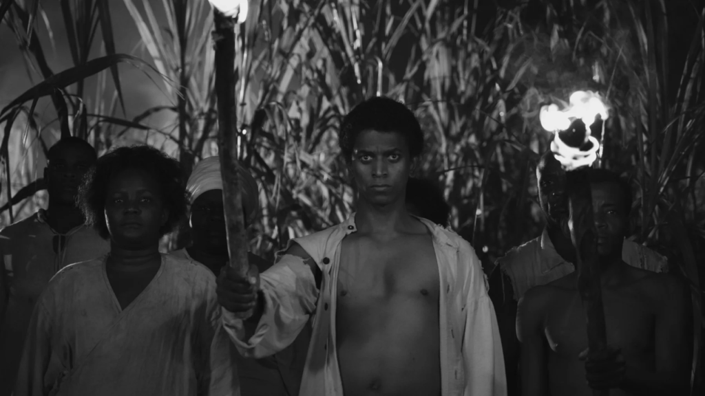 Black-and-white image of a group holding torches in Black Zombie