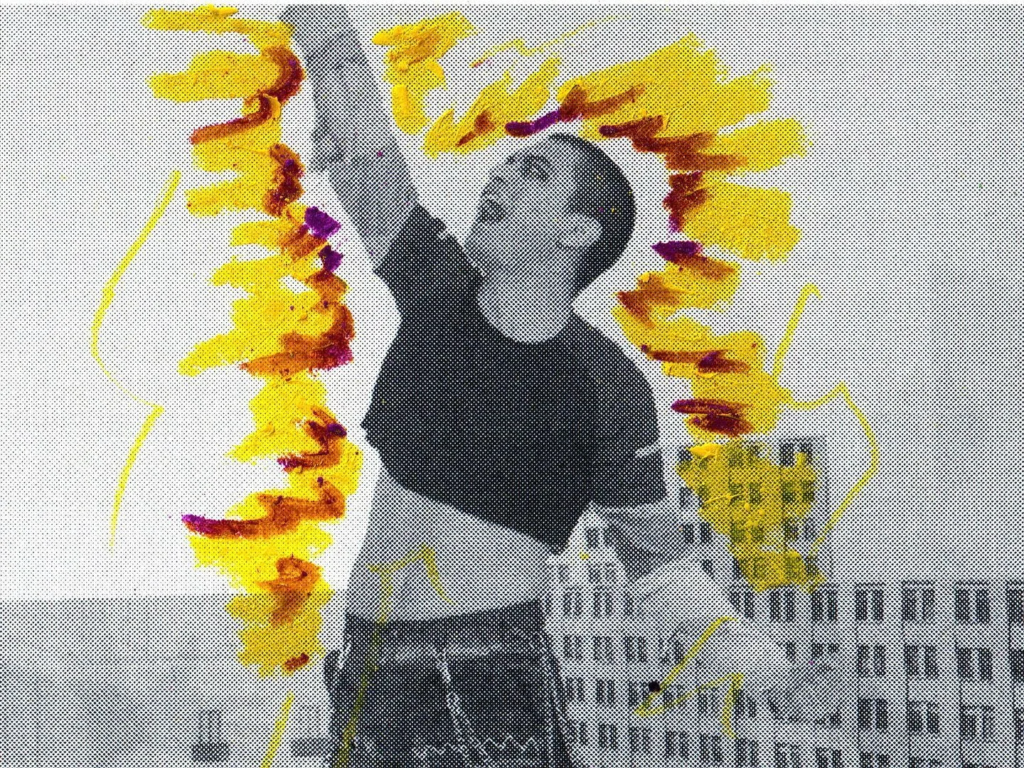 Punk-style black-and-white figure surrounded by yellow graphics in Matapanki