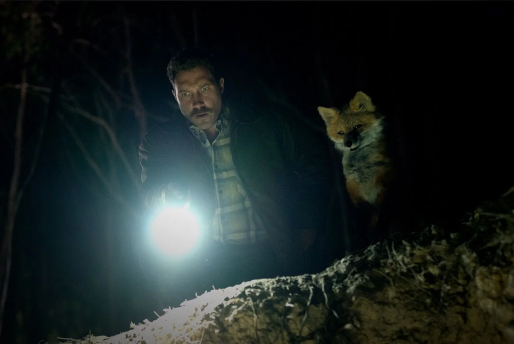 Man holding a flashlight beside a fox at night in The Fox