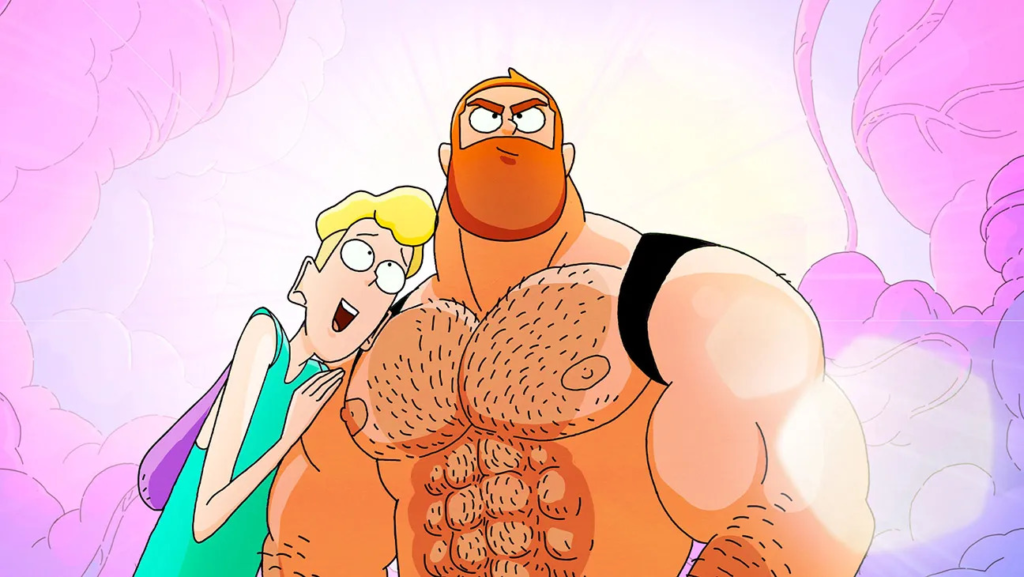 Animated blond man leans against a muscular red-bearded man in Jim Queen